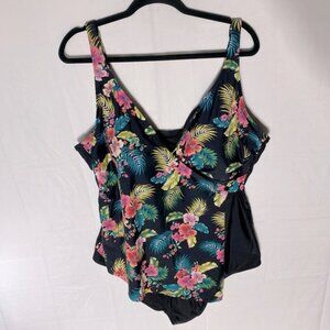 Krista Black W Tropical Floral Print Front One Piece Bathing Suit Swimsuit 24W